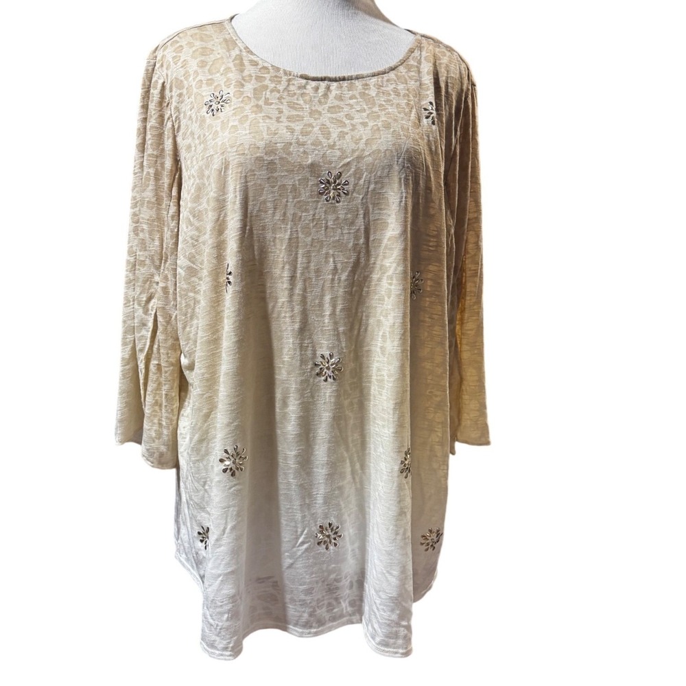 Ruby Rd Woman Tunic Top Womens 2X Tan‎ Leopard Ombre Rhinestone Split Sleeve